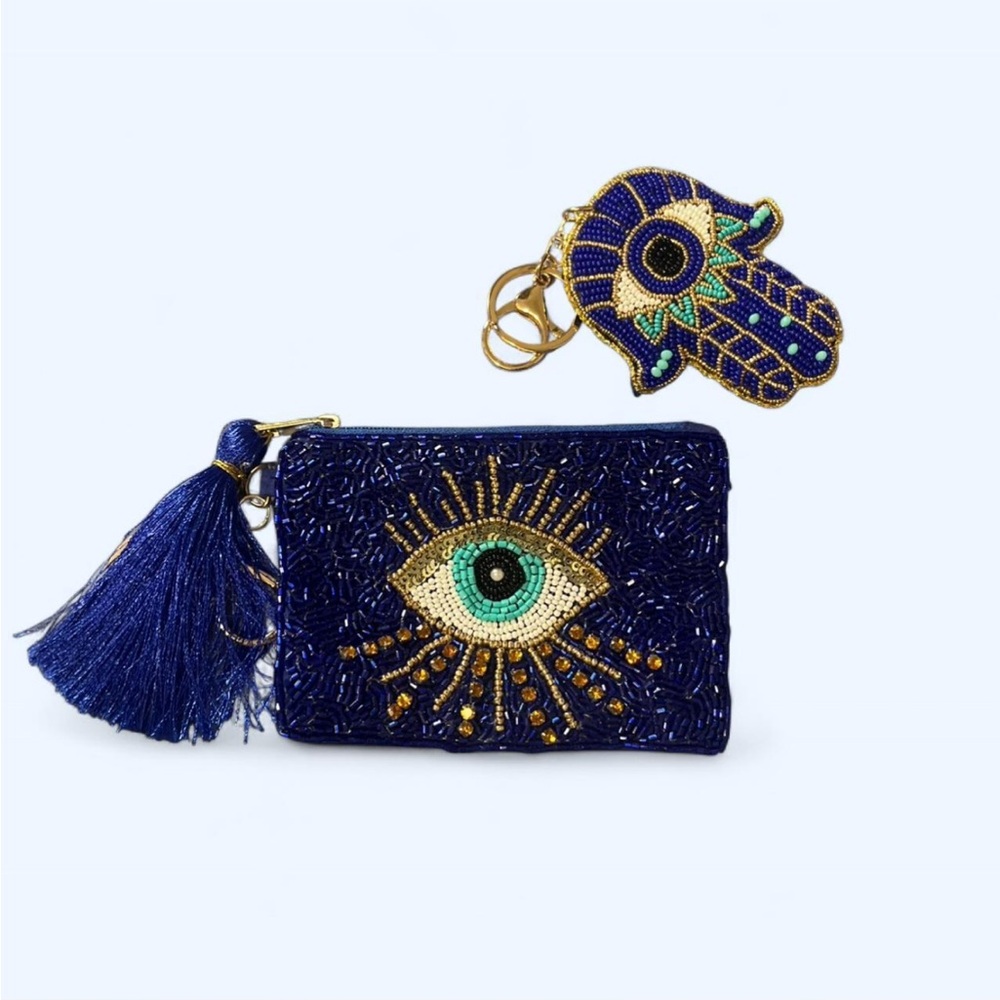 SOLD Royal blue evil eye beaded pouch and key chain set